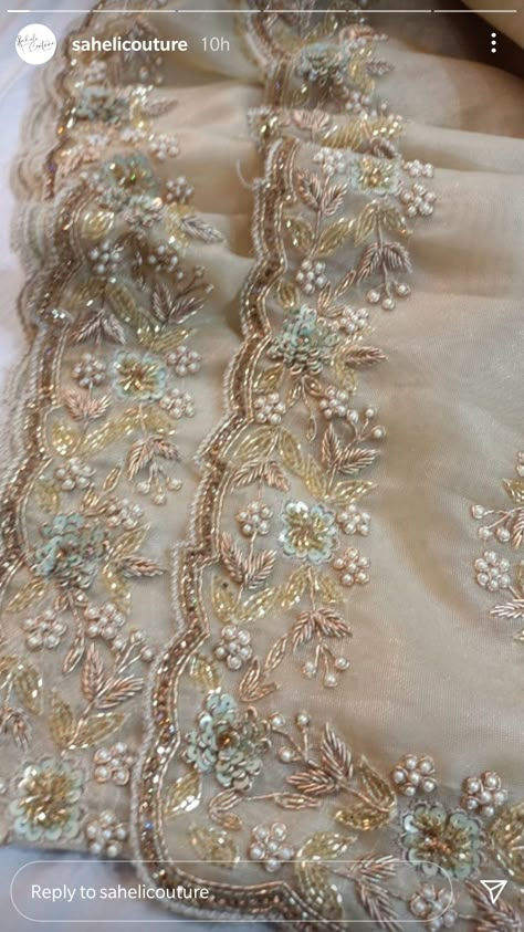 Zari Work Embroidery Saree, Hand Embroidery Dress Pakistani, Dabka Work Saree, Dupatta Designs Ideas Hand Work, Pakistani Handwork Suits, Handwork Dupatta Design, Designer Duppatas Ideas, Hand Work On Saree, Zardozi Work Suits