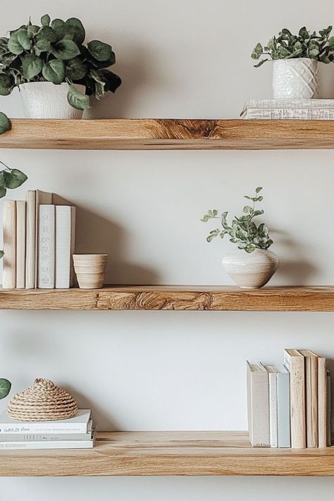 Add style and storage with DIY floating shelves, perfect for a minimalist look that’s both functional and sleek. #FloatingShelves #MinimalistDIY Blank Wall Shelving Ideas, Floating Shelves Brackets Diy, Shelves For Dining Room Wall, How To Make Floating Shelves Diy Simple, Floating Shelf Height Guide, Diy White Oak Floating Shelves, Floating Shelf Ideas For Living Room, Floating Shelf Lighting Ideas, Natural Wood Shelves Living Room