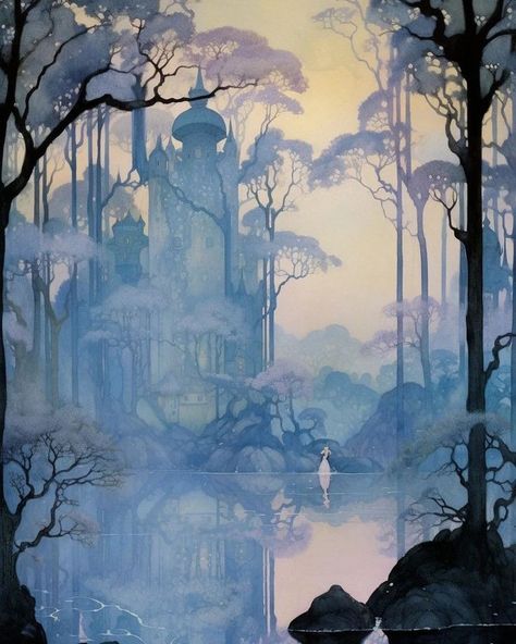 Fantasy Illustration Landscape, Art Nouveau Landscape Illustration, Magical Landscape Art, Fairytale Art Illustration, Dawn Illustration, Dreamlike Art, Enchanted Forest Art, Mythical Forest, Fairy Tales Artwork