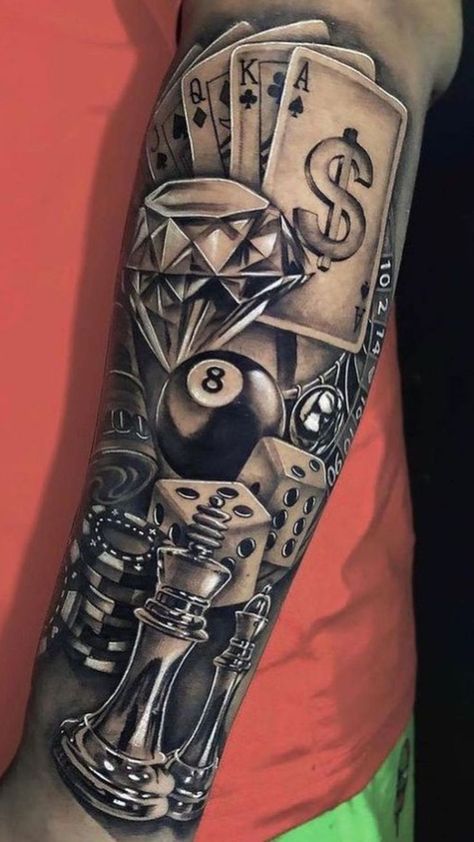 Gambling Tattoo Ideas, Poker Tattoo, Casino Tattoo, Dice Tattoo, Egyptian Tattoo Sleeve, Card Tattoo Designs, Feminine Tattoo Sleeves, Clown Tattoo, Chicano Style Tattoo