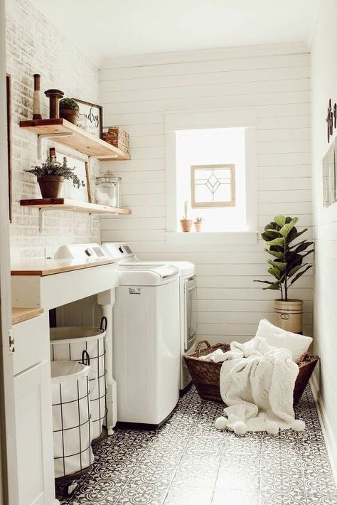 How to Make a DIY Faux Brick Wall in Laundry Room | Hometalk Blank Wall In Laundry Room, Long Laundry Room, Shabby Chic Laundry Room, Brick And Shiplap, Brick Veneer Panels, Laundry Reno, Diy Faux Brick Wall, Faux Brick Wall, Faux Brick Panels