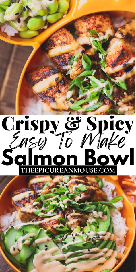 Easy Spicy Salmon Bowl, Crispy Spicy Salmon Bowls, Spicy Mayo Bowl, Salmon Sushi Bowl Tik Tok, Healthy Salmon Bowls Recipes, Spicy Salmon Rice Bowl Recipes, Crunchy Salmon Bowl, Salmon Burger Bowl Recipe, Salmon Sticky Rice Bowl