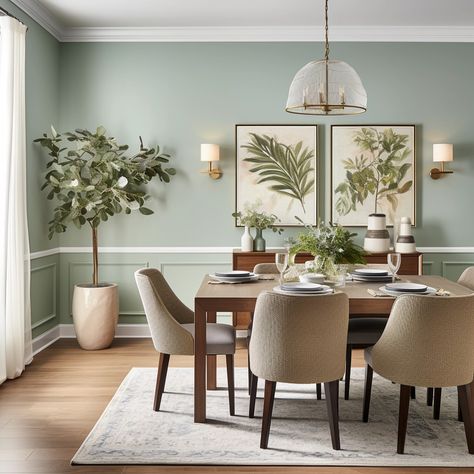 sage green walls with olive green accents Sage Walls Dining Room, Green Walls In Dining Room, Sage Dining Room Ideas, Dining Room Green Accents, Painting Ideas For Dining Room Walls, Light Sage Green Dining Room, Light Sage Dining Room, Beige And Green Dining Room, Sage Cream Kitchen