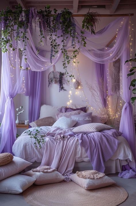 Boho Bedroom Purple, Pink And Lavender Bedroom, Lavender Bedrooms, Lavender Boho Bedroom, Sheer Bed Canopy, Lavender Bedroom Ideas, Lavender Bedroom, Fairytale Bedroom, Canopy Ideas