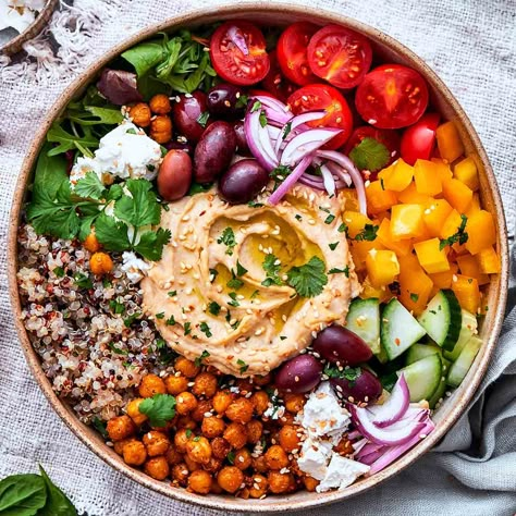 Mediterranean Bowls - The Big Man's World ® Asian Veggie Bowl, Vegan Athlete Meals, Roasted Veggie And Chickpea Bowls, Filling Healthy Dinners, Roasted Chickpea And Veggie Bowl, Hummus Salad Bowl, Asian Quinoa Bowl, Mediterranean Salad Bowl, Mediterranean Chicken Quinoa Bowl