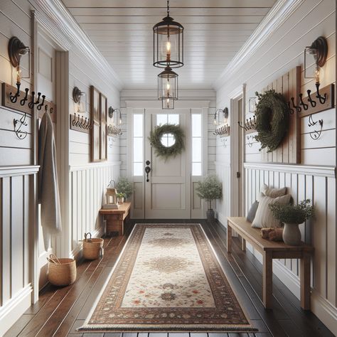 Include elements such as white shiplap walls, tasteful rustic light fixtures, dark hardwood flooring, and vintage area rugs. The hallway should lead to a welcoming door with a wreath hanging on it. Incorporate features like a wooden bench, coat hooks on the wall, and a console table with a vase of fresh flowers. This hallway is meant to serve as inspiration for a home remodel. Western Farmhouse Entryway, Front Hallways Entrance, Rustic Home Entrance, Country House Hallway Ideas, Hallway Inspiration Farmhouse, Country Home Entrance, Statement Entrance Hall, Cozy House Entryway, Country Style Entry Way