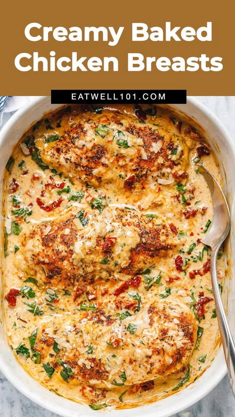 Baked chicken breasts - #baked #chicken #recipe #eatwell101 - With an irresistible creamy sauce filled with sun-dried tomatoes, spinach, and parmesan is a winner of a chicken dinner. - #recipe by #eatwell101® Baked Sundried Tomato Chicken, Sun Dried Pesto Chicken, Oven Baked Tuscan Chicken, Baked Tuscan Chicken Breast, Boursin Chicken Baked, Baked Boursin Chicken, Easy Creamy Chicken Recipes, Boursin Chicken Recipes, Chicken Dishes For Dinner Healthy