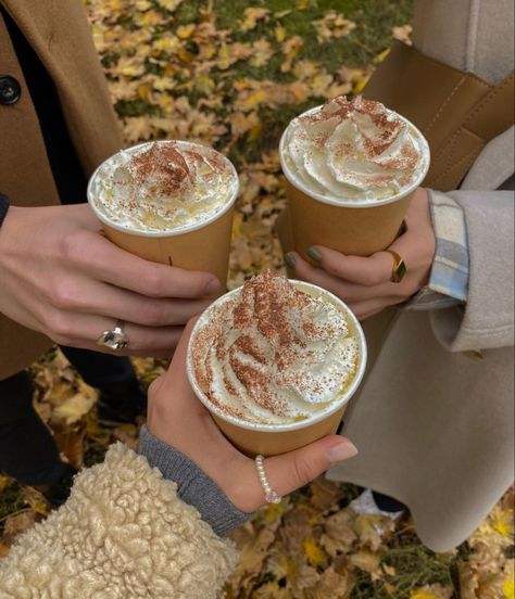 Three friends are in a circle and holding up cups of hot coffee with whipped cream on top. Fall Vision Board, Fall Moodboard, Gilmore Girls Seasons, Fall Mood Board, Gilmore Girl, Fall Mood, Pumpkin Spice Season, God Mat, Fall Drinks