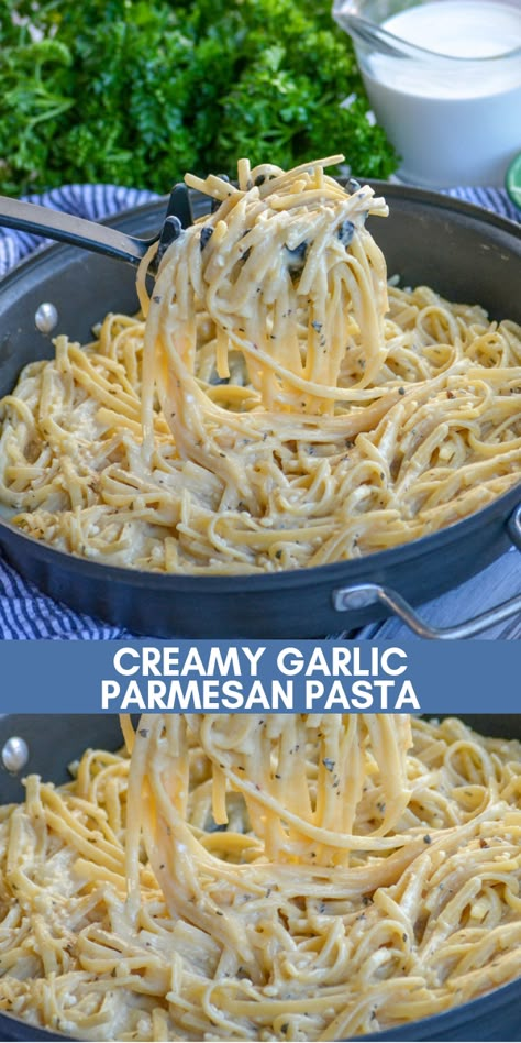 Our creamy garlic Parmesan pasta is a quick 20 minute meal. It’s fast fix, it’s super creamy, and it’s just flat out delicious. It’s a simple pasta dish perfect for lunch or dinner. Put this on your dinner menu now! #pasta #garlicparmesanpasta #pastadish #dinnerrecipe Baked Mozzarella Chicken, Creamy Garlic Parmesan Pasta, Baked Mozzarella, Pasta Recipes Video, Creamy Garlic Pasta, Garlic Parmesan Pasta, Creamy Pasta Recipes, Vegetarian Pasta Recipes, Simple Pasta