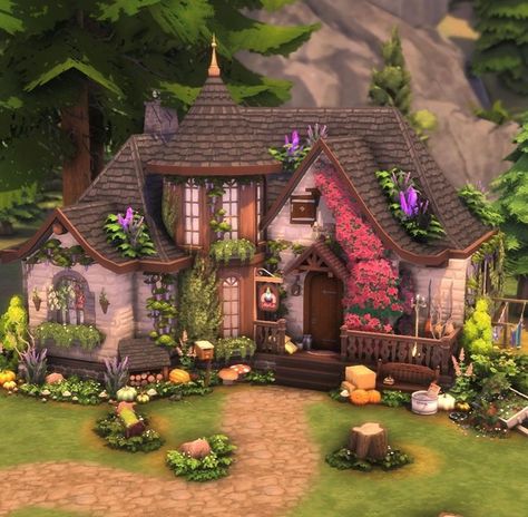 Tangled Flat Sims 4, Sims 4 Storybook House, Cottagecore Architecture, Trailer Home Exterior, Sims 4 Magic House, Wizard Cottage, Cottagecore Exterior, Sims 4 Park, Sims 4 Witch House