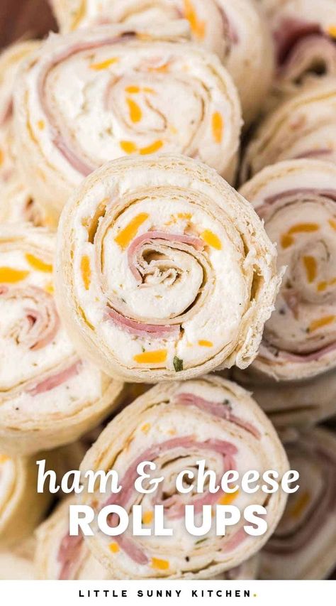 Ham and Cheese Roll Ups are the easiest appetizer recipe and perfect for parties, game day, or even as a quick lunch. Just 5 simple ingredients are needed. Han And Cheese Roll Ups, Ham And Cheese Tortilla Roll Ups, Tortilla Rollups Appetizers, Ham Tortilla Roll Ups, Ham Roll Ups With Cream Cheese, Ham And Cream Cheese Pinwheels, Easy Pinwheel Recipes, Ham And Cheese Wraps, Ham And Cheese Rollups