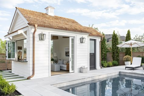 The McGee Home Pool House Detached Guest House Ideas, Garage Turned Pool House, Open Pool Cabana, Tuff Shed Pool House, Pool House Farmhouse Style, Pool House Guest House Combo Backyard, Pool House Connected To Main House, Pool House With Sauna, Game Room Pool House