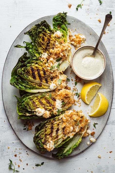 Salads Photography, Charred Lettuce, Vegan Caesar Salad, Lazy Cat Kitchen, Vegan Caesar, Vegetarian Salad, Cat Kitchen, Caesar Salad Recipe, Salad Vegan