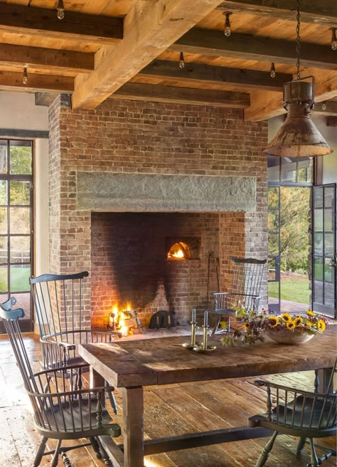 Peter Zimmerman Architects in collaboration with Hine Builders have designed this beautiful Georgian style home, located in Cornwall, Connecticut. Country Manor House, Georgian Style Homes, Casa Country, Primitive Homes, Kitchen Fireplace, Primitive Decorating Country, Home Fireplace, Brick Fireplace, Fireplace Design