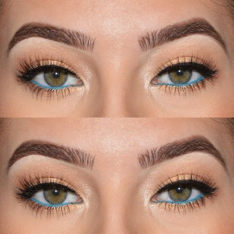 Different Color Waterline, Light Blue Waterline Makeup, Turquoise Under Eye Makeup, Blue Eyeliner On Waterline, Natural Teal Makeup Looks, Turquoise Eye Makeup Simple, Teal Eyeliner Blue Eyes, Colored Eyeliner Waterline, Waterline Eyeshadow Looks