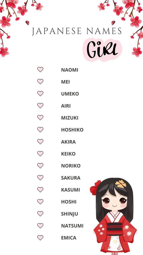 Printable Lists Of Japanese Names for Girls Cute Names In Japanese, Common Japanese Names, Beautiful Japanese Names And Meanings, Ideas Name For Girl, Names For Girls Unique Japanese, Cute Names For Girls Unique, Japanese Name Ideas Girl, Beautiful Japanese Girl Names, Japanese Name For Girl