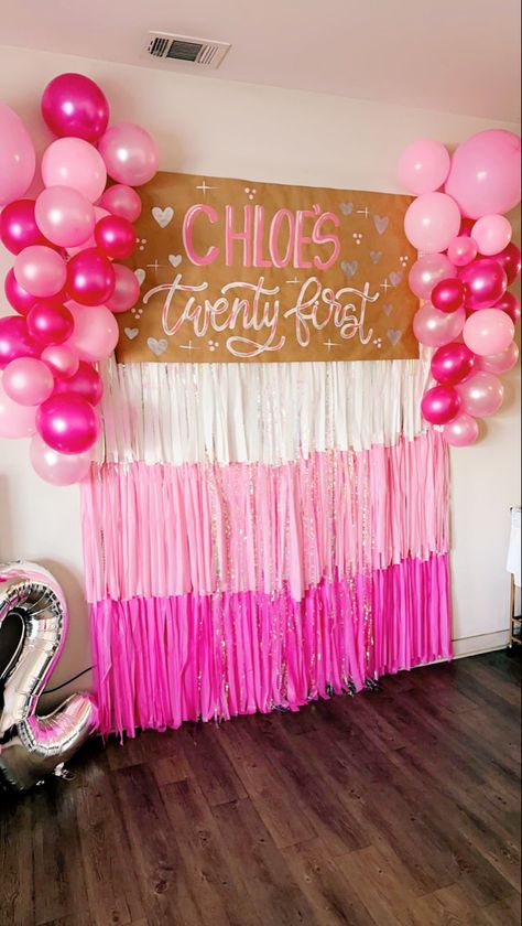 Streamer backdrop 
21st birthday themes 
21 
21st birthday 
Pink birthday ideas 
Pink birthday outfits 
Birthday 
Girlie birthday theme Apartment Bday Decorations, 21 Diy Decorations, 21st Birthday Essentials, College Birthday Decorations, Pretty In Pink 21st Birthday, 21st Birthday Ideas Pink And Gold, 21st Birthday Themes For Her At Home, 21st Party Ideas Themes, 21st Bday Activities