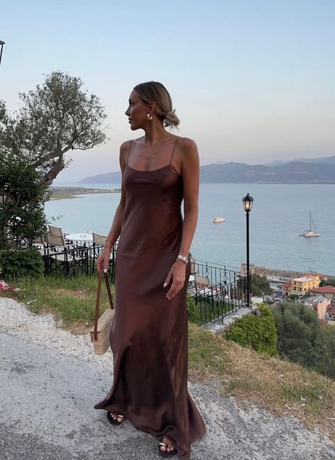 Silk Wedding Guest Dress, Satin Summer Dress, Brown Dresses Outfit, Brown Prom Dress, Brown Long Dress, Brown Satin Dress, Maxi Silk Dress, Brown Slip Dress, Brown Dresses Formal