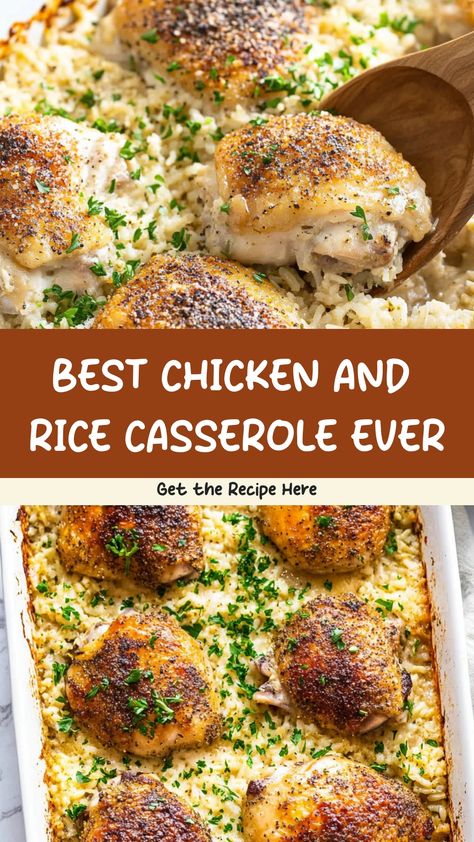 Indulge in the ultimate comfort food with this delicious chicken and rice casserole recipe. Packed with flavors and easy to make, this hearty dish is perfect for a cozy family dinner or meal prep for the week ahead. Let the creamy texture of the rice mixed with tender chicken melt in your mouth, creating a satisfying and wholesome meal that everyone will love.  Ingredients 2 cups white rice 1 white onion, diced 6 tablespoons butter, melted 2 tablespoons all-purpose flour 5 cups chicken broth 1 c Meals Made With Rice, Chicken Ole Casserole, Curry Chicken And Rice Casserole, Smothered Chicken And Rice Casserole, Rice Pilaf With Chicken, Chicken Rice Healthy Recipes, Chicken In Rice Casserole, Creamy Chicken And Rice Bake, Lipton Chicken And Rice Casserole