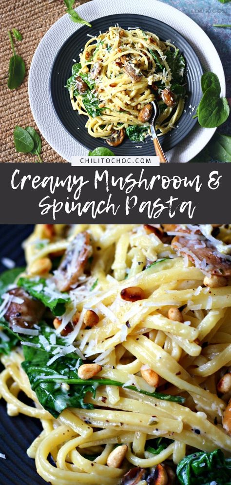 Spinach Mushroom Cream Sauce, Pasta With Pine Nuts And Spinach, Garlic Parmesan Pasta With Spinach And Mushrooms, Mushroom Linguine Recipes, Recipes With Pine Nuts Healthy, Pasta Pine Nuts Recipe, Vegetarian Linguine Recipes, Linguine With Mushrooms, Pasta With Nuts Recipe