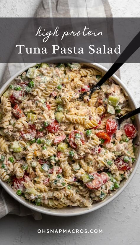 This tuna pasta salad is loaded with colorful veggies, high protein noodles and high quality tuna. All tossed in a yogurt cream sauce that is sure to wow your next bbq. Easy to make and great for leftovers, this pasta salad is a must have on your summer menu. Yogurt Cream Sauce, Oh Snap Macros, Tuna Lunch, Protein Noodles, Tuna Pasta Salad Recipes, Tuna Pasta Salad, High Protein Pasta, Colorful Veggies, Healthy Tuna