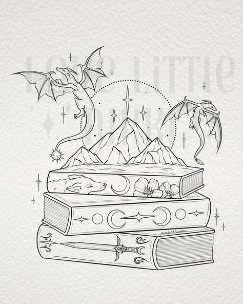 Pretty little Bookstack for Shelby! 📚✨ this one is a cross over of Fourth Wing, ACOTAR & FBAA 🗡️🖤what books would you have in your book stack? #bookish #acotar #fourthwing Acotar Pencil Drawings, Aesthetic Book Journal Ideas, Acotar Fourth Wing Tattoo, Fourth Wing Coloring Pages, Draw Book Ideas, Booktok Drawings, Acotar Sketches, Fourth Wing Drawing, Forth Wing Aesthetic