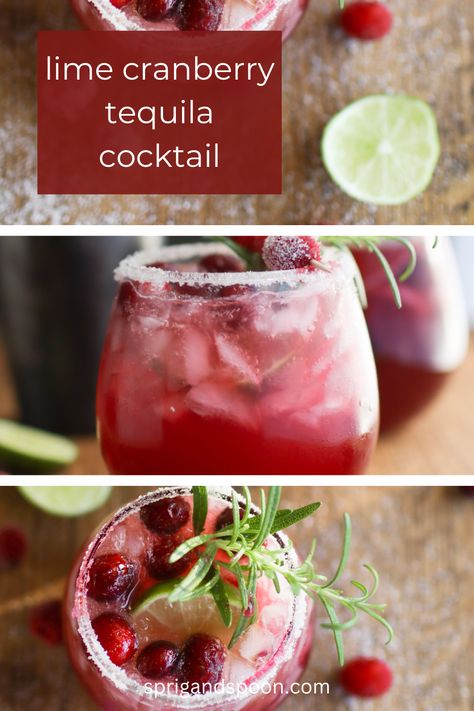 Brighten up the holiday season with this beautiful, refreshing cranberry tequila cocktail! With fresh lime juice, tart cranberry juice, and sweet maple syrup, this party drink strikes the perfect balance of flavors. Titos And Cranberry Juice, Cranberry Tequila Drinks, Cranberry And Tequila, Cherry Lime Cocktail, Tequila Soaked Fruit, Trader Joes Drinks Recipes, Tequila And Cranberry Cocktails, Tequila Holiday Punch, Cocktails With Cranberries