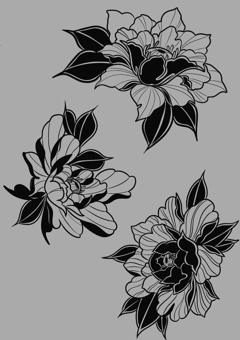 Flower Tattoos Blackwork, Black White Peony Tattoo, Unique Flower Drawing, Black Work Floral Tattoo, Dark Leaf Tattoo, Black Traditional Flower, Black Peonies Tattoo, Blackwork Flower Tattoo Design, Back Tattoo Women Traditional