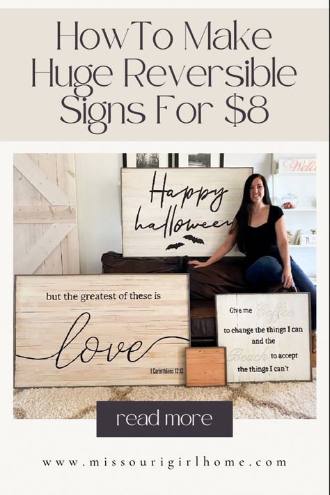 Homemade huge DIY wood signs with the creator in the picture. Diy Wood Signs Cricut, Wood Wall Signs Diy, Diy Vinyl Wood Signs, How To Make Large Wood Signs, Trending Wood Signs 2023, Reversible Signs Diy, How To Make Signs On Wood, Diy House Signs Indoor, Making Wooden Signs