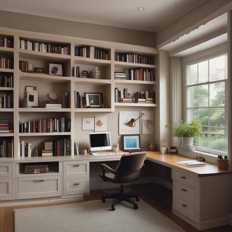 Bookshelf Office Design, Study Room Library Office Ideas, Bookshelf And Desk In Living Room, Home Office With Chairs, Arched Built Ins With Desk, Library With Desk Study, Functional Office Design, Curved Built In Desk, Small Office With Bookshelf Wall