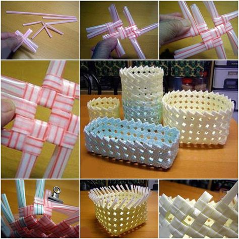 DIY Drinking Straw Basket as organizer, or use them to arrange flower bouquet, or place indoor plants..Be creativity !  How to--> http://wonderfuldiy.com/wonder-diy-basket-from-drinking-straw/ Drinking Straw Crafts, Diy Storage Containers, Diy Straw, Straw Crafts, Basket Weaving Diy, Diy Weaving, Straw Basket, Drink Straw, Diy Basket