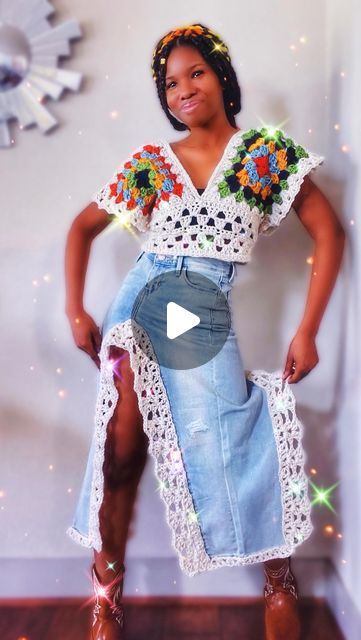 Ashlee Elle. | An Even Newer Way ✨🌿🧶 Had a completely different concept for an #upcycle for these jeans. Though it didn’t come out the way that I... | Instagram Granny Square Jeans, Thrift Outfit, Crochet School, Granny Square Top, Square Top, Upcycle Jeans, Art And Fashion, Crochet Skirt, Crochet Handmade