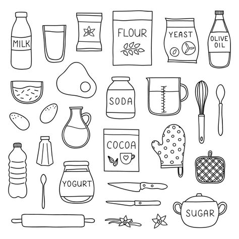 Baking Clipart Free, Recipe Book Doodles, Baking Ingredients Drawing, Baking Ingredients Illustration, Baking Book Design, Recipe Book Drawing, Kitchen Doodle Art, Cute Cooking Drawing, Cook Book Design Diy