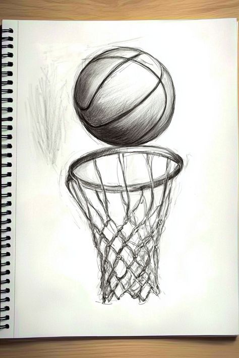 A little sketch showing a basketball falling into a hoop, created with minimal strokes, ideal for sports-themed illustrations. Sports Related Drawing, Basketball Drawings Sketches Easy, Sport Sketches Drawings, Basketball Aesthetic Drawing, Sports Drawings Easy, Cute Drawings Simple Ideas Sketch, Basketball Drawings Easy, Basketball Drawing Ideas, Basketball Art Draw