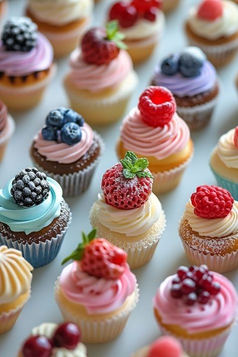 Cupcakes Decorated With Fruit, Fancy Mini Cupcakes, Berry Themed Cupcakes, Wedding Mini Cupcakes, Mini Cupcakes Decorating, Mini Cupcakes Wedding, Mini Cupcakes Ideas, Wildflower Cupcakes, Tiny Cupcakes