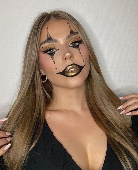 Mime Halloween Makeup, Gold Clown Makeup, Clown Glam Makeup, Baddie Clown Makeup, Glitter Clown Makeup, Payasa Makeup, Halloween Makeup 2023, Chola Clown Makeup, Halloween Makeup Glam