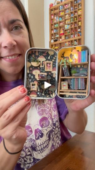 49K views · 16K reactions | What a fun and beautiful kit-I absolutely loved putting this micro bookshelf together 🍄‍🟫 @microcosmic.craft.co #miniatures #diyminiaturekit #miniaturebooks #diyminiatures | Katie Sieg | kayteekays.minis · Original audio Tin Box Crafts, Miniature Painting Ideas, Mint Tin Crafts, Container Crafts, Festive Decor Ideas, Mini Books Diy, Mini Bookshelf, Cozy Winter Vibes, Mini Crafts