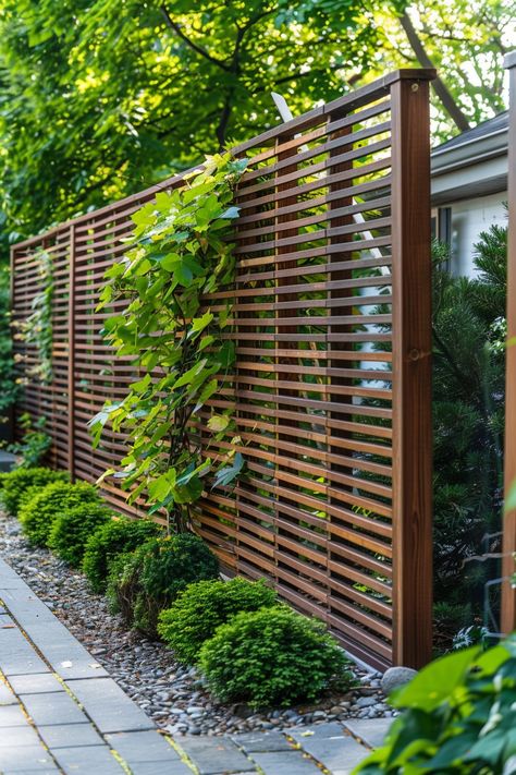 Backyard Privacy Ideas: Creating Secluded Spaces - Quiet Minimal Back Garden Wall Ideas, Backyard Partition Wall, Japanese Trellis Ideas, Small Backyard Ideas Privacy, Privacy Garden Screens, Backyard Lattice Ideas, Exterior Privacy Screen, Bougainvillea Privacy Wall, Patio Divider Ideas Privacy Screens