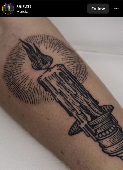 Woodcut Style Tattoo, Candlestick Tattoo, Arm Patchwork, Etching Tattoo, Gothic Tattoos, Woodcut Tattoo, Medieval Tattoo, Engraving Tattoo, Candle Tattoo