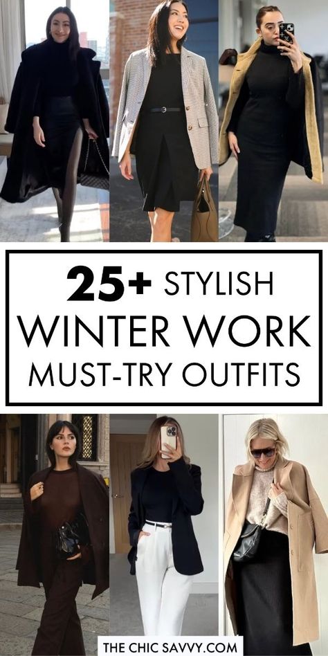 Winter is here, and dressing for work becomes a challenge when you want to stay warm without sacrificing style. Whether you’re preparing for a casual ... December Business Casual Outfits, Cold Winter Business Outfits For Women, Boots Outfit For Women Work, Work Meeting Outfits Winter, Black Dress Work Outfit Winter, Wall Street Outfit Women, Fall Winter Office Outfits, 2025 Winter Work Outfits, Winter Work Outfits For Women Formal