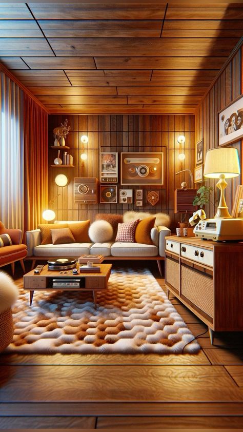 Get the Boho Vibe Transform Your Living Room Retro Wood Paneling, Wood Paneling Makeover Living Rooms, 70s Wood Paneling, Retro Living Room 1970s, 70s Fireplace, 70’s Living Room, 70s Interior Design Retro, 70s Basement, Living Room Colour Design