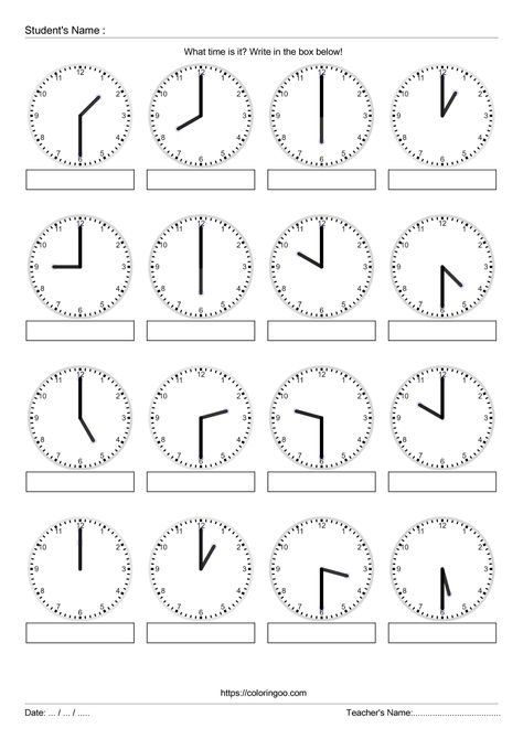 Grade - 1. What time is it? Good question! Help your students say and write full and half hours. Use this worksheet to assess your student’s abilities to tell analog time. #free #printable #whattimeisit #time #clocks #education #exercise #worksheet #math Math Exercises Grade 1, Clock Worksheets For Grade 1, Time Worksheets For Grade 1, Elapsed Time Worksheets, Clock Worksheets, Printable Multiplication Worksheets, Worksheet Math, Multiplication Worksheet, 5th Grade Worksheets