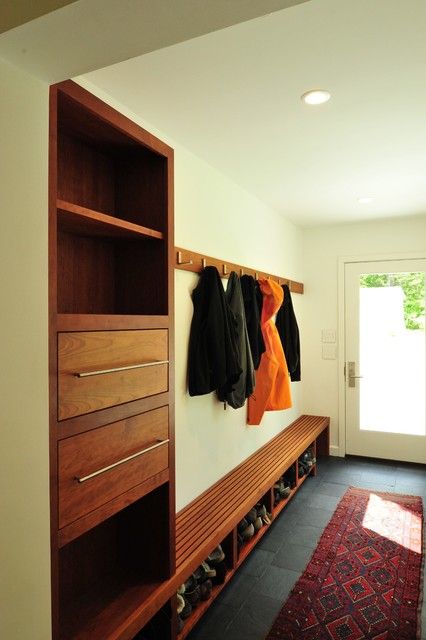 Mid Century Modern - Midcentury - Entry - Portland Maine - by Cormack Construction Management | Houzz Hall Tree Mid Century Modern, Mid Century Modern Entrance Hall, Mid Century Modern Drop Zone, Mudroom Mid Century Modern, Laundry Room Mid Century, Mid Century Mudroom Ideas, Mid Century Mud Room, Mid Century Mud Room Ideas, Retro Mudroom