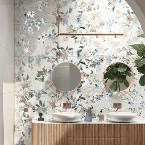 Merola Tile Parete Setoso White 23-1/2" x 47" Porcelain Floor and Wall Tile - Bed Bath & Beyond - 40526809 Printed Tiles Floor, Floral Bathroom Tile, Fireplace Facade, Rectangle Tiles, Digital Innovation, Floral Bathroom, Printed Tile, Floral Tiles, Merola Tile