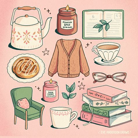 Eve Anderson draws | Cozy reading nook essentials 📙🕯️☕ I've been working on few reading doodles for ages now but the change in season really inspired finishing… | Instagram Autumn Illustration Aesthetic, Fall Aesthetic Illustration, Cozy Illustration Art, Aesthetic Coloring Sheets, Reading Illustration, Cozy Illustration, Cozy Reading Nook, Edinburgh Scotland, Cozy Reading