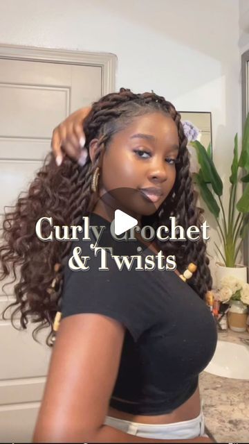 Anne Audrey on Instagram: "New Weekend New Hairdo 💗 Curly Crochet & Twist using @trendytresses1 Goddess Curls. Hair link in bio ✨ . . . . . . . . . . . . . . #crochethairstyles #curlycrochet #summerhairgoals #twists #crochettwist" Short Twisted Hairstyles, Ginger Curly Crochet Hair, Crochet Hairstyles For Black Women Ideas, Goddess Twists With Curls, Crochet Boho Locs Black Women, Twists In Front Curls In Back, Crochet Mini Twists, Cuban Twists Hairstyles, Up And Down Hairstyles For Black Women