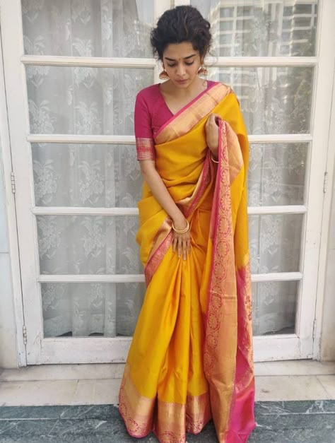 Silk Saree Look, Yellow Silk Saree, Indian Fits, Mithila Palkar, Sarees For Girls, Saree Wearing Styles, Simple Saree Designs, Indian Outfits Lehenga, Cotton Saree Designs