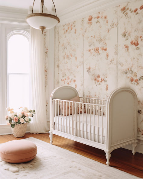 Charming AI created Floral Nursery Design Nursery Architectural Digest, Southern Nursery, Parisian Nursery, French Nursery, Nursery Interior Design, Nursery Interior, Baby Nursery Inspiration, White Crib, Toddler Girl Room