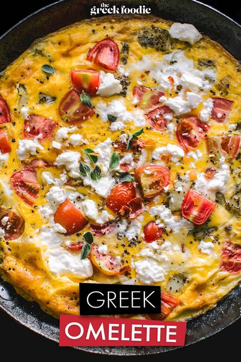 Greek Omelette with Tomato, Potatoes, and Feta Sundried Tomato Omelette, Omlette Healthy Dinner, Greek Omelette Casserole, Eggs Recipes For Lunch, Quick Healthy Vegetarian Meals, Vegetarian Omelette Recipe, Traditional Greek Breakfast Recipes, Feta Cheese Omelette, Greek Omelette Recipe