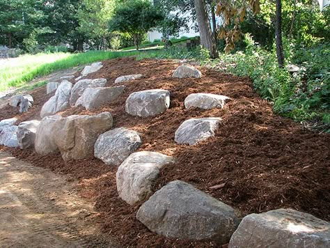 Boulder Wall, Boulder Garden, Sloped Backyard Landscaping, Landscaping A Slope, Landscaping On A Hill, Landscaping With Boulders, Sloped Backyard, Rock Garden Design, Hillside Landscaping